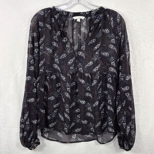 HM Womens XS Navy Blue Paisley Chiffon Peplum Blouse V-Neck Gold Shell Button